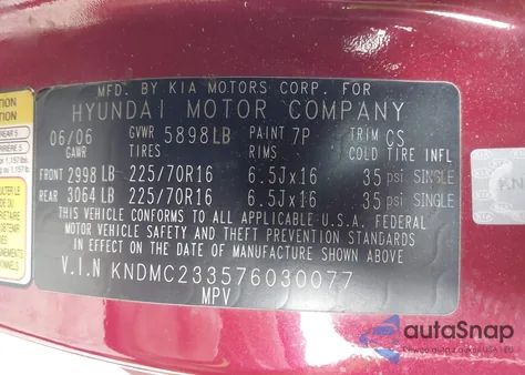 2007 Hyundai Entourage Gls/Limited/Se z USA, uszkodzony, nr VIN KNDMC233576030077